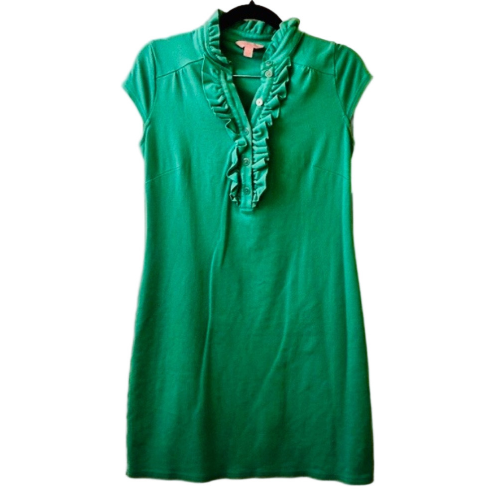Lilly Pulitzer Deb Dress Jade Green Ruffle Neck Shift Dress Size Small